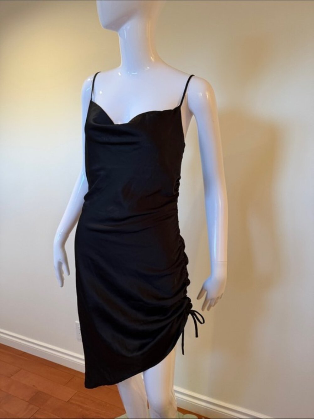 Garage Black Satin Ruched Cowl Neck Midi Dress XS